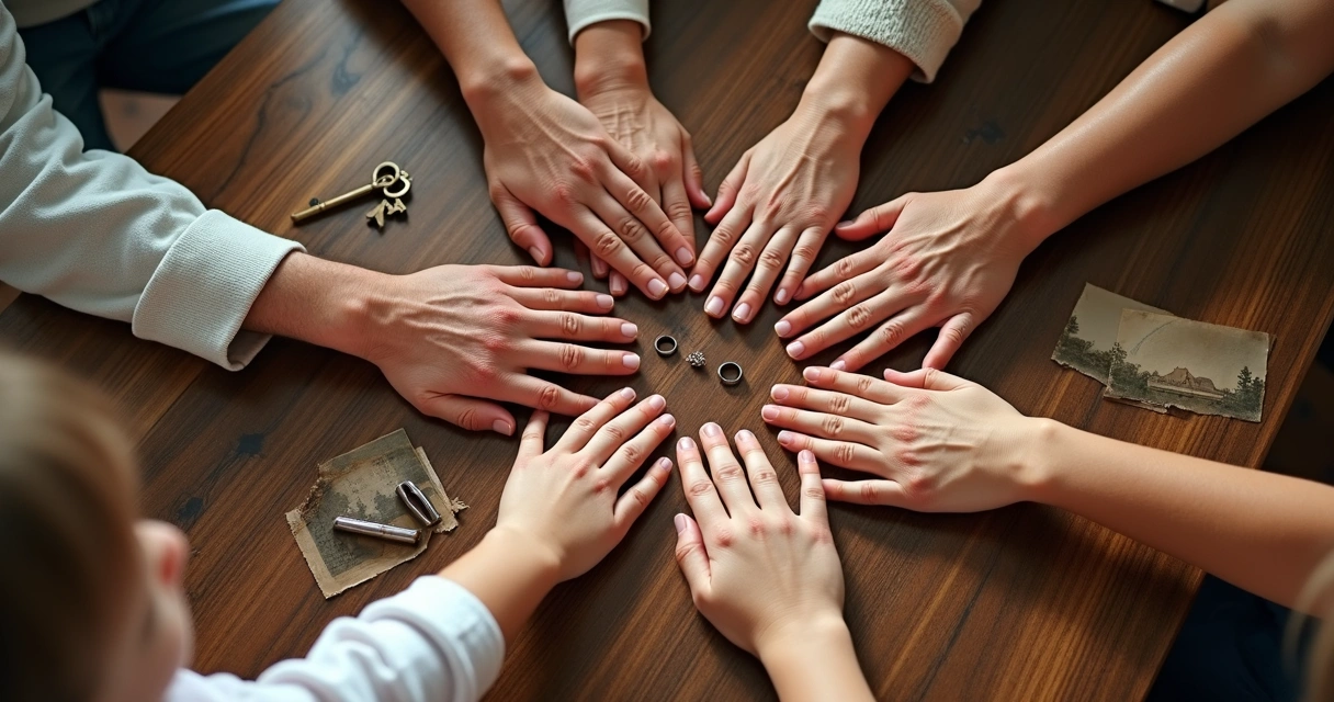 Hands of different generations holding family symbols together