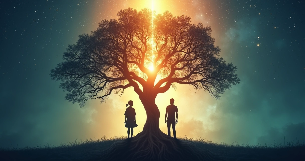 Silhouettes of three generations connected by a glowing family tree 