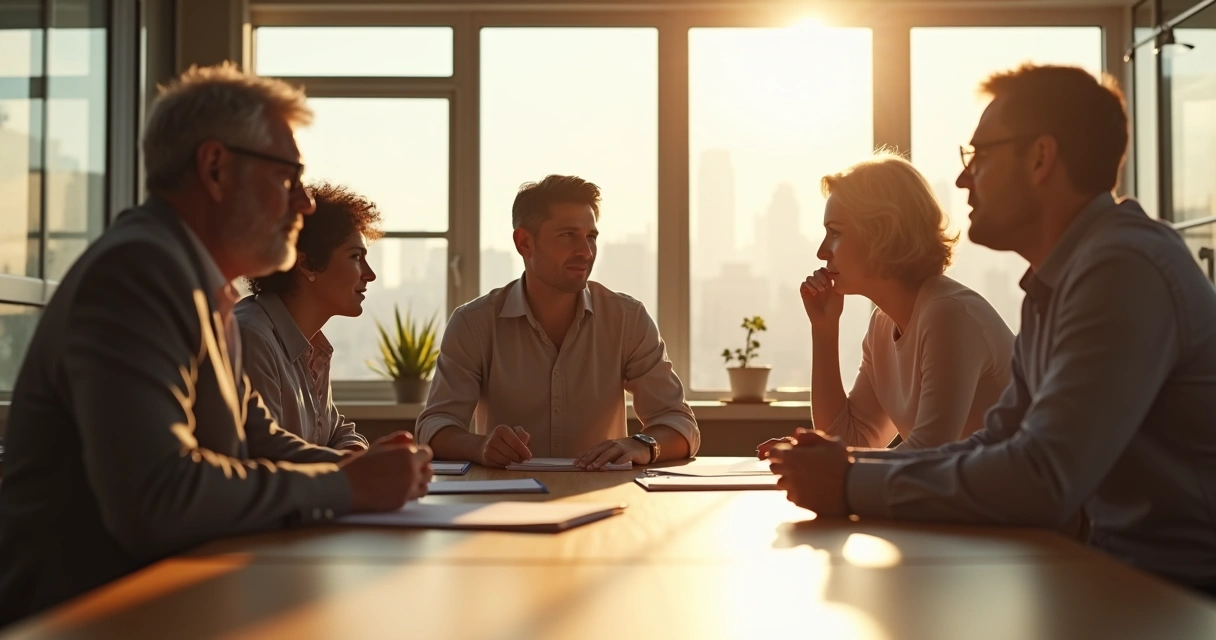 Team of mixed ages in workplace sharing ideas around a desk 