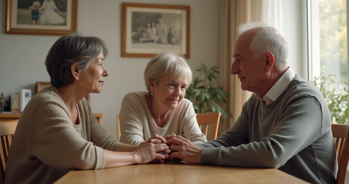 Three generations seated at a quiet dining table in soft light