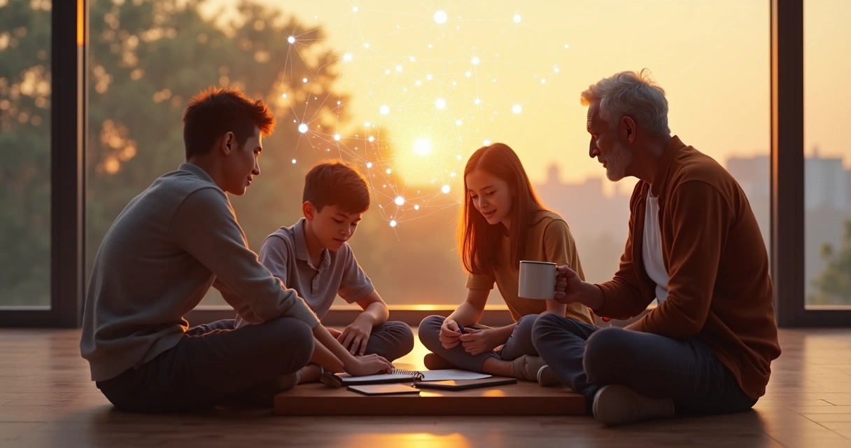 Different generations sitting in a circle with a glowing network above their heads 