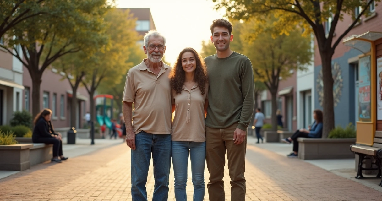 Three generations standing together in a neighborhood representing shared patterns and community well-being 