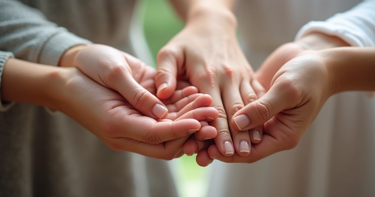 Three generations holding hands gently 
