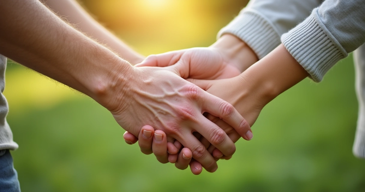 Elder, adult, and child holding hands in a circle 