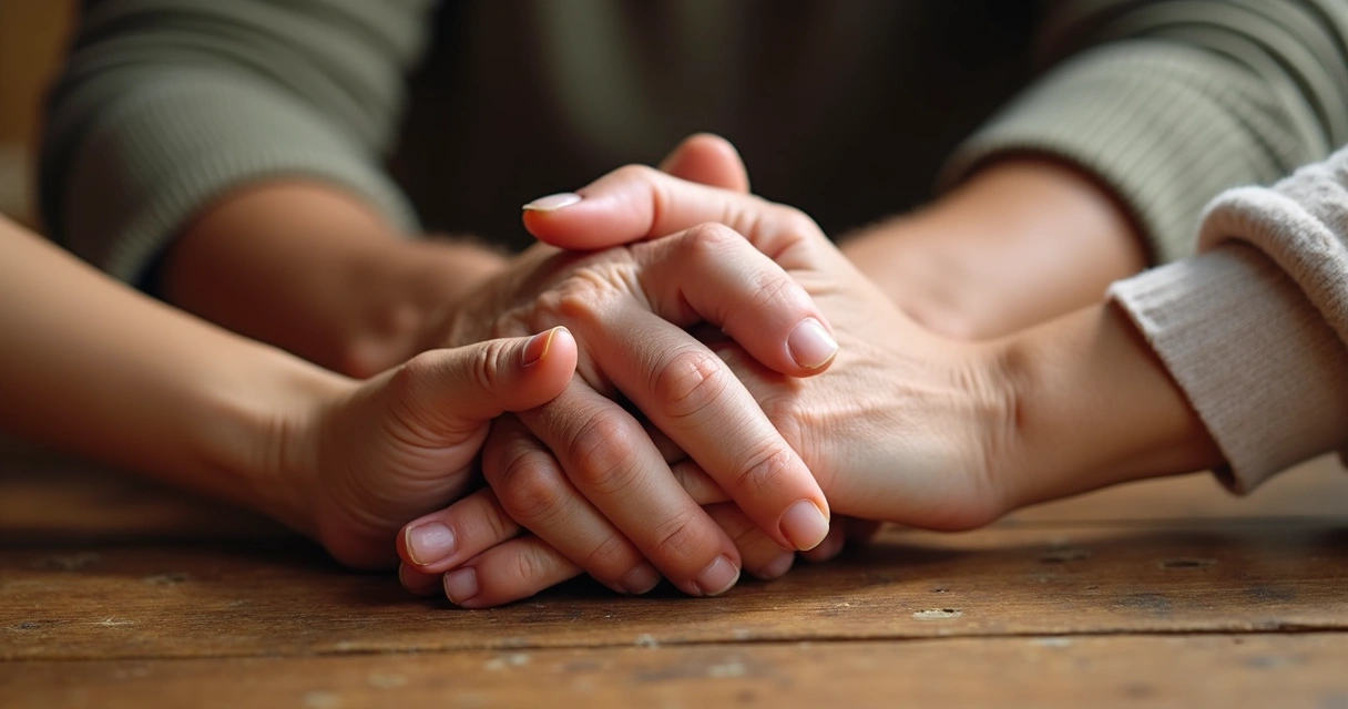 Hands of different generations holding each other in unity on a wooden table