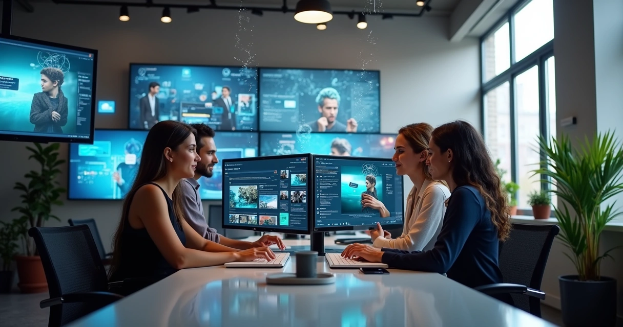 Marketing team using generative AI tools to create and test multiple social media ads on high-resolution screens 