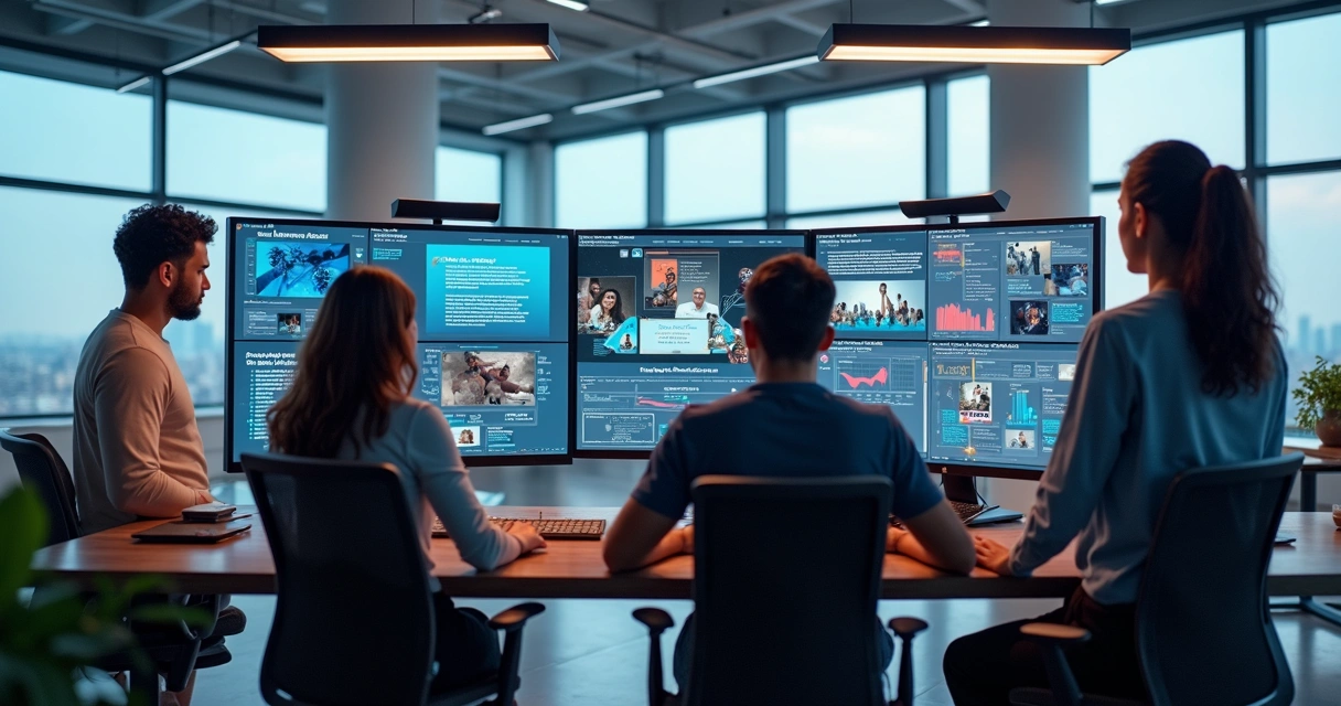 Marketing team using generative AI tools on multiple screens to create and test ad creatives with text, images, and videos 