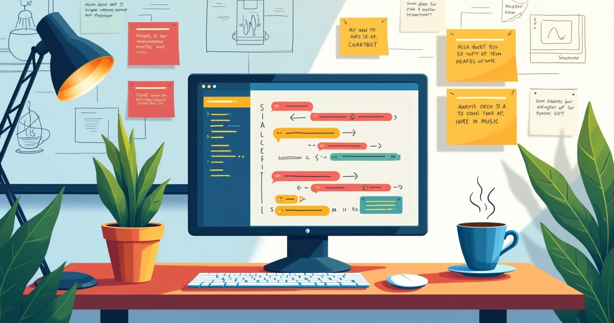 Workspace illustrating a computer with Java code for AI, sticky notes, and a whiteboard filled with diagrams.