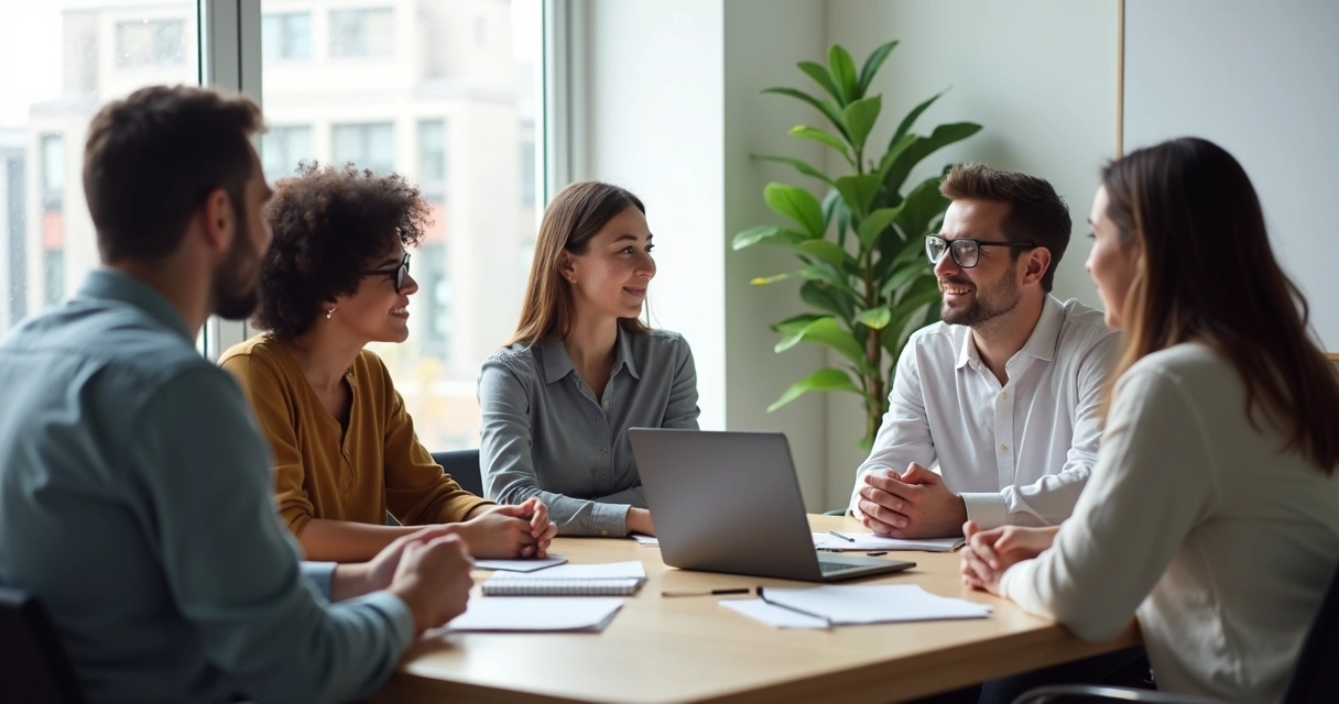 Diverse group in a circle engaged in focused dialogue during a meeting 
