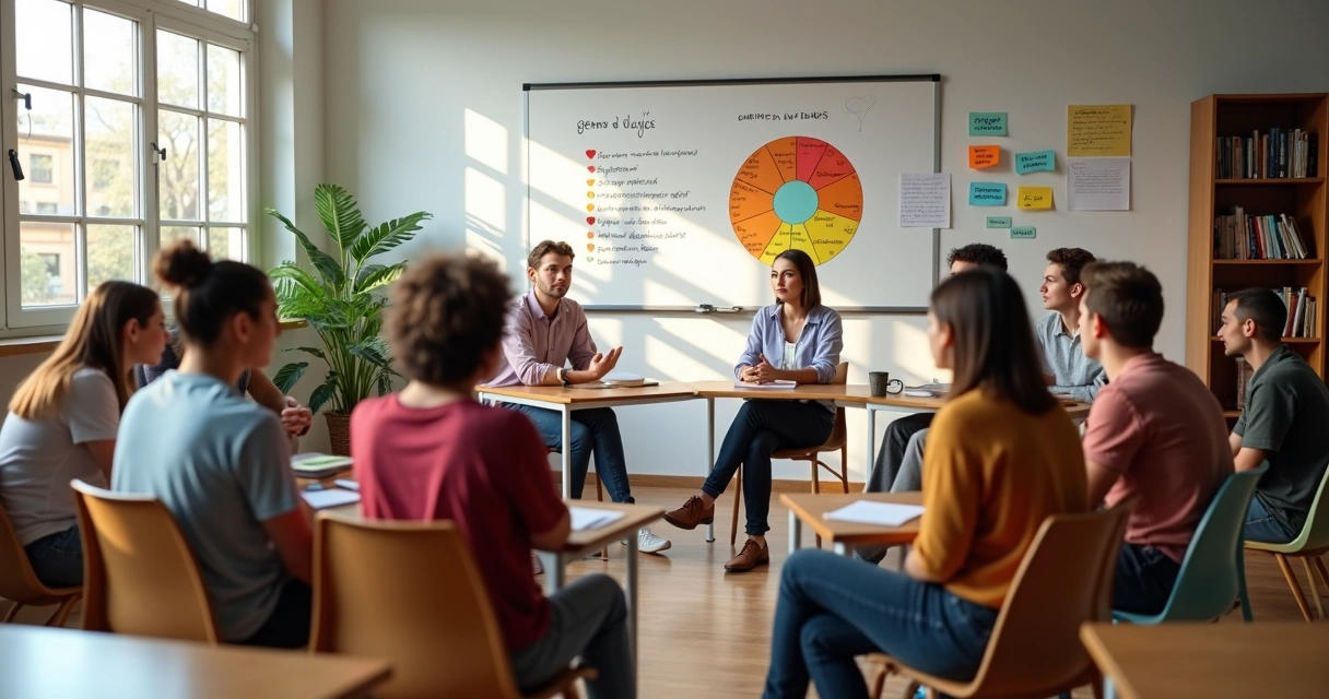 Grupo diverso de personas jóvenes hablando de emociones en un aula moderna 