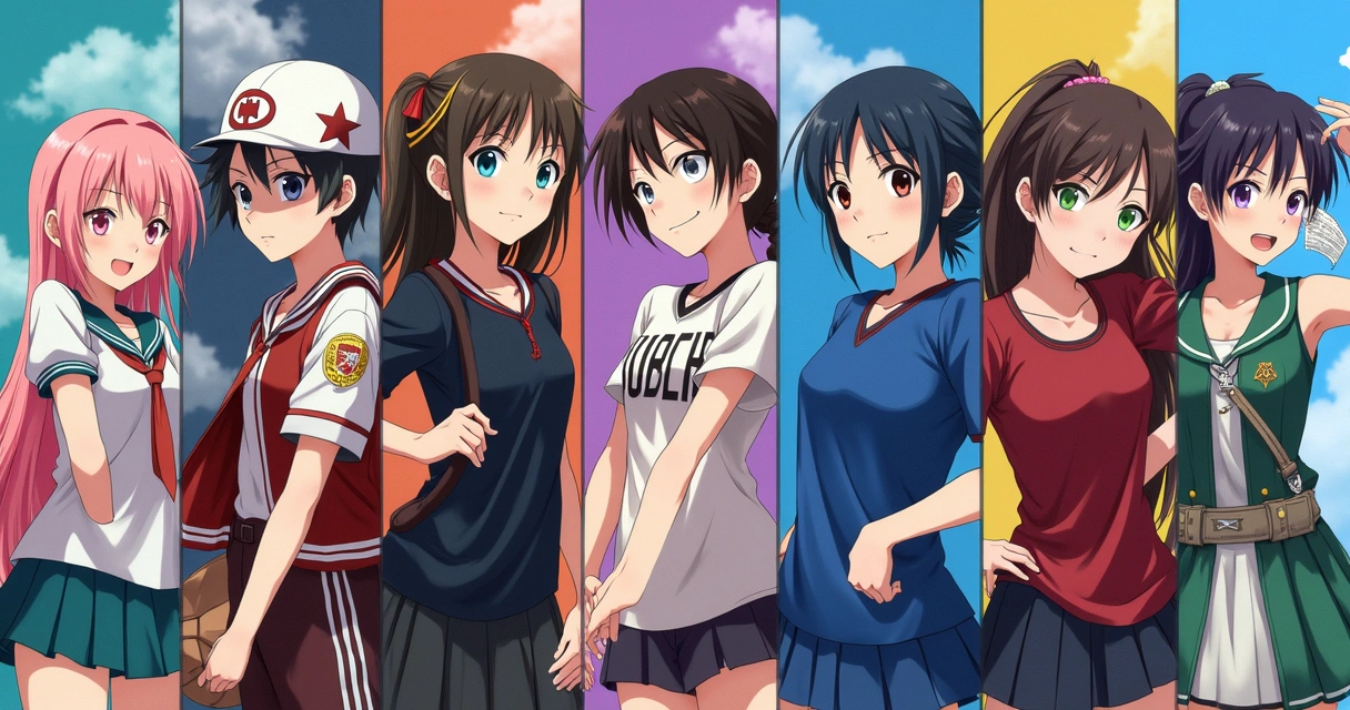 Montagem de gêneros de anime, personagens variados 