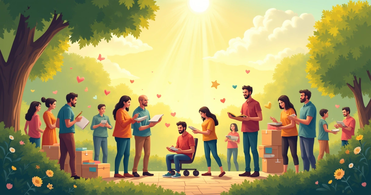 Grupo diverso praticando generosidade em um parque ensolarado, simbolizando prosperidade e conexão.