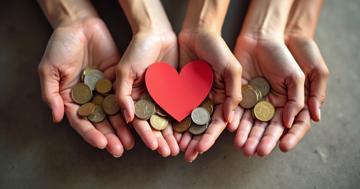 Mãos diferentes segurando moedas e um coração de papel, simbolizando generosidade e responsabilidade financeira
