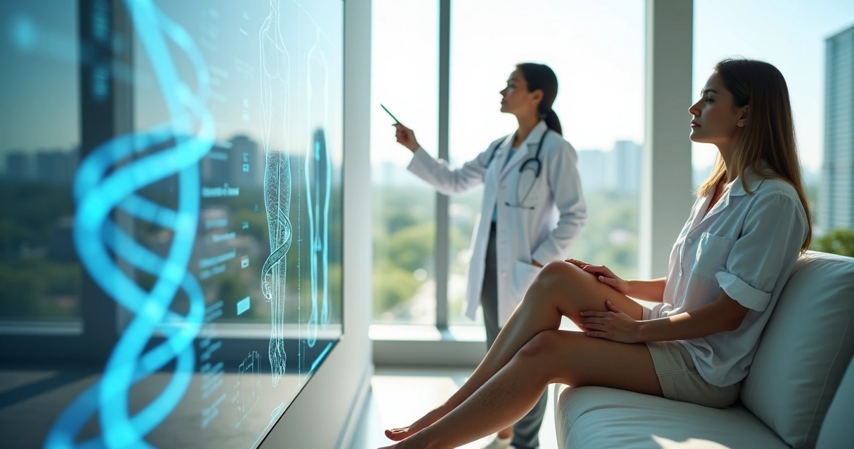 Mulher mostrando pernas com varizes enquanto médica aponta para mapa genético ao fundo 