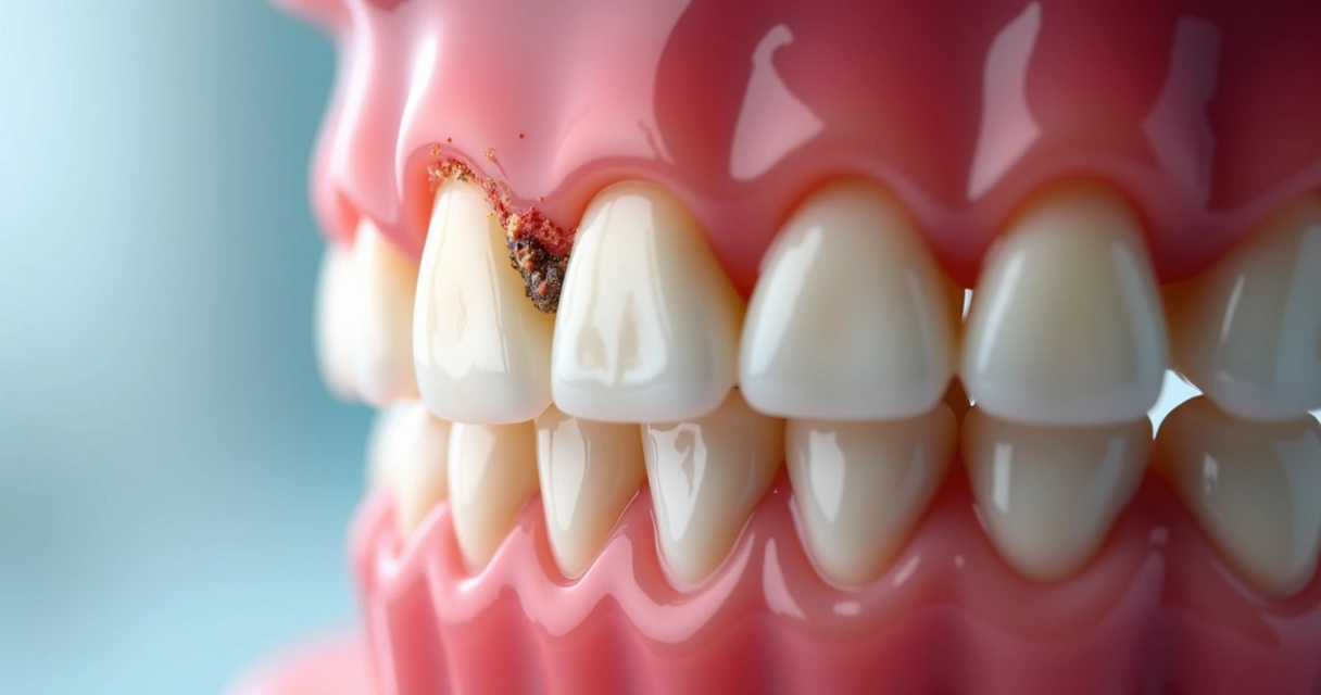Gengiva inflamada com acúmulo de placa nos dentes 