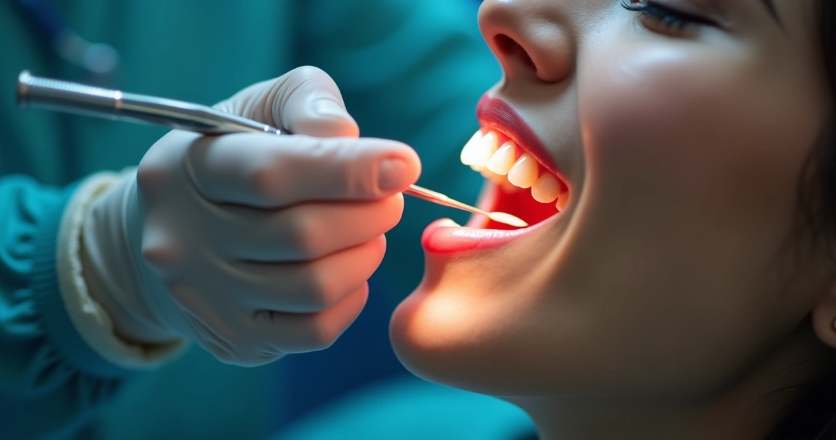 Dentista realizando gengivoplastia em paciente com sorriso à mostra, foco nos instrumentos e gengiva 