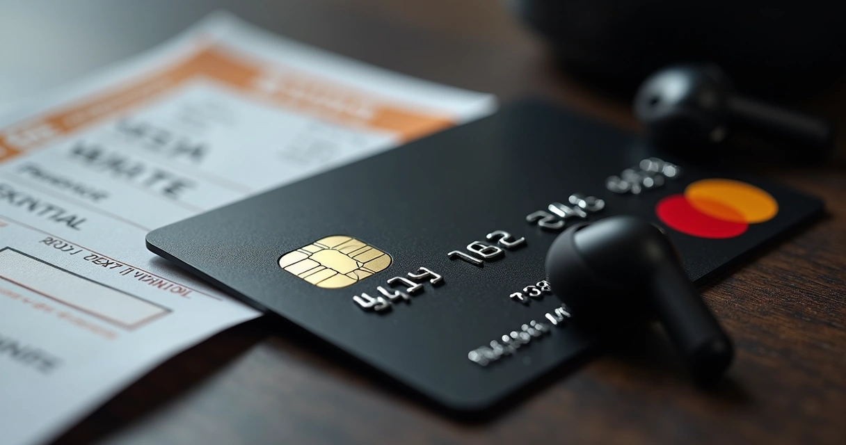 Genial Mastercard Black junto a um bilhete de avião e fones de ouvido 