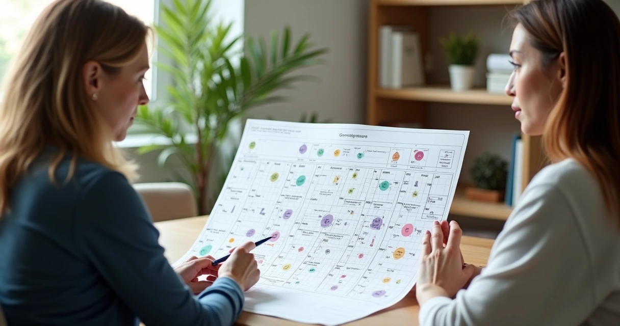 Terapeuta e cliente analisando genograma colorido em sessão de constelação integrativa 