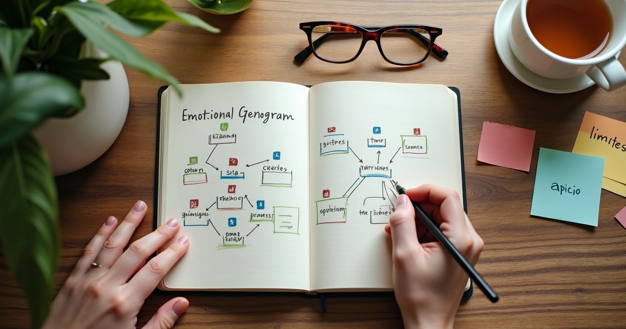 Pessoa desenhando um genograma emocional de família em um caderno 