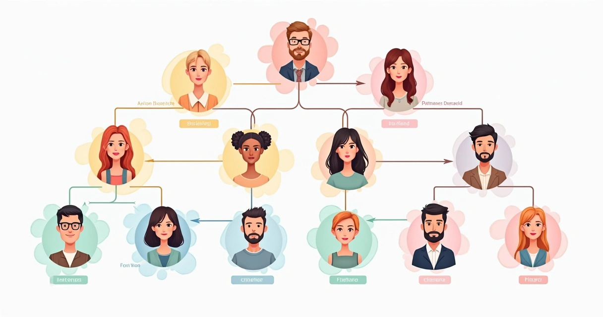 Genograma colorido mostrando laços familiares e subgrupos com setas e cores destacando diferentes alianças 