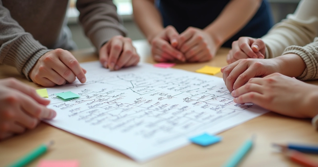 Manos de varias personas sosteniendo un dibujo de genograma familiar