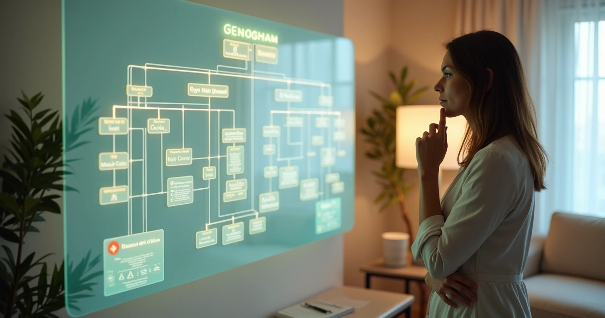 Mapa detalhado de um genossociograma com símbolos familiares e conexões coloridas em fundo branco 