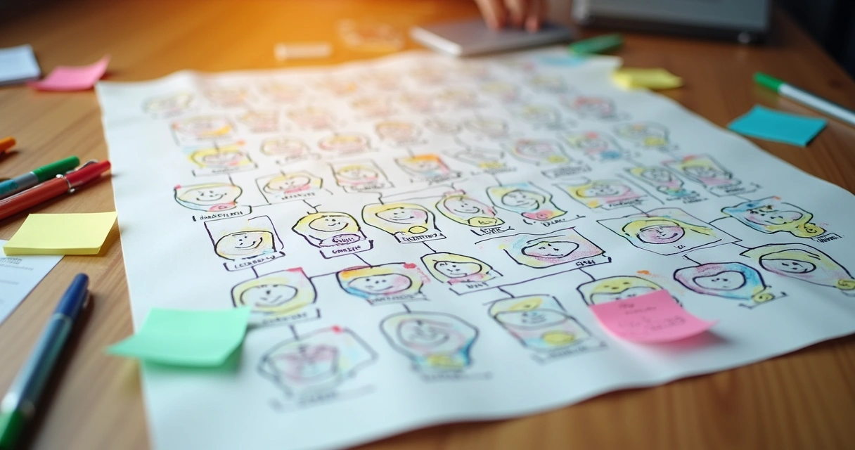 Genograma hecho a mano sobre papel, con líneas y nombres que conectan a varias personas 