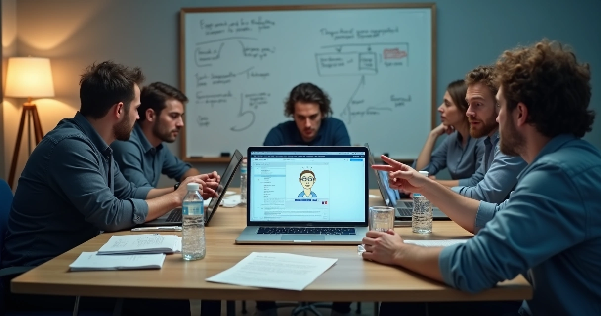 Equipe analisando computador e debatendo estratégias em sala de crise 