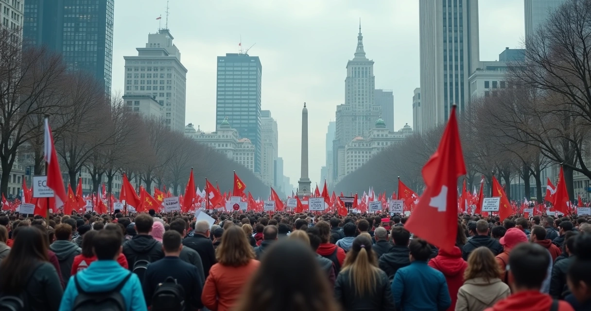 Personas observando una manifestación política con carteles y banderas 