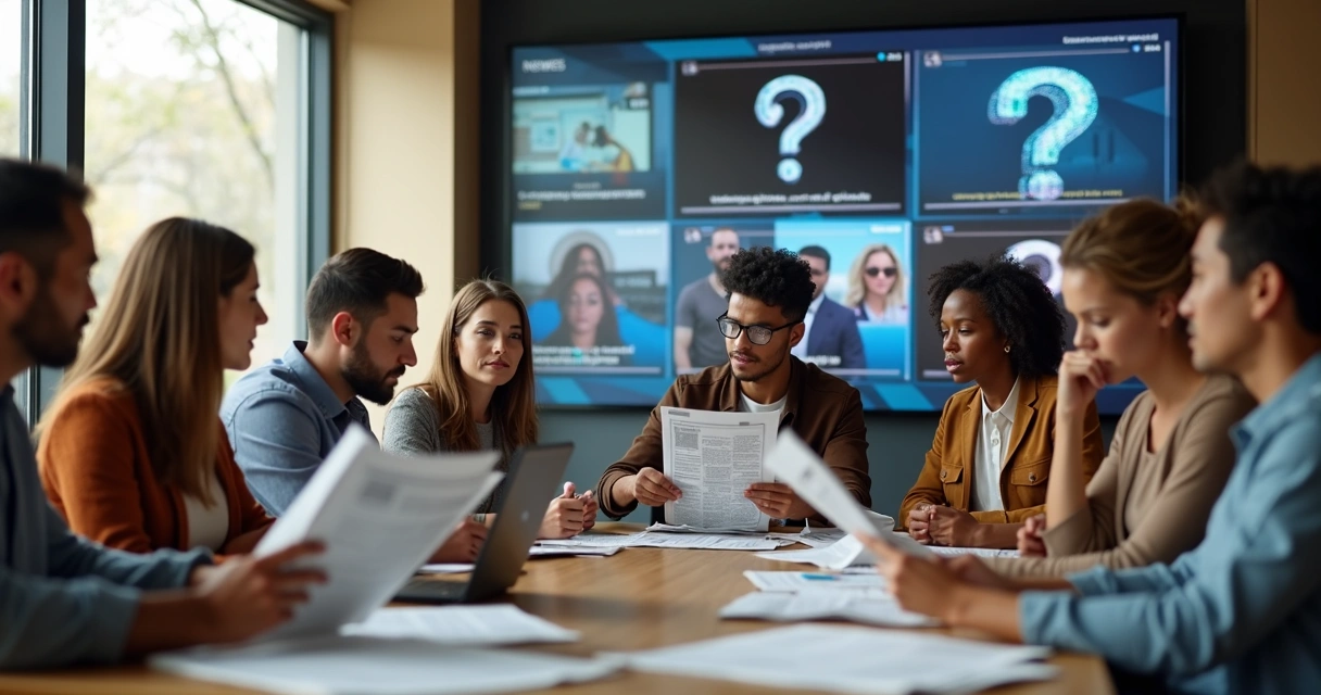 Personas analizando información y discutiendo un dilema ético 