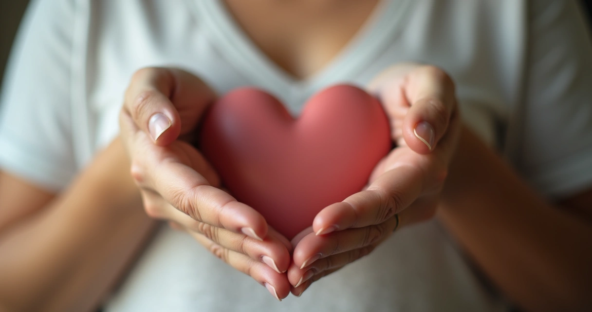 Mãos entrelaçadas sobre o peito em gesto de autogentileza.