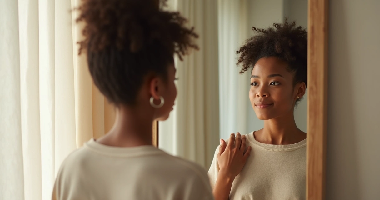 Jovem olhando para o espelho com expressão leve, gesto gentil no ombro