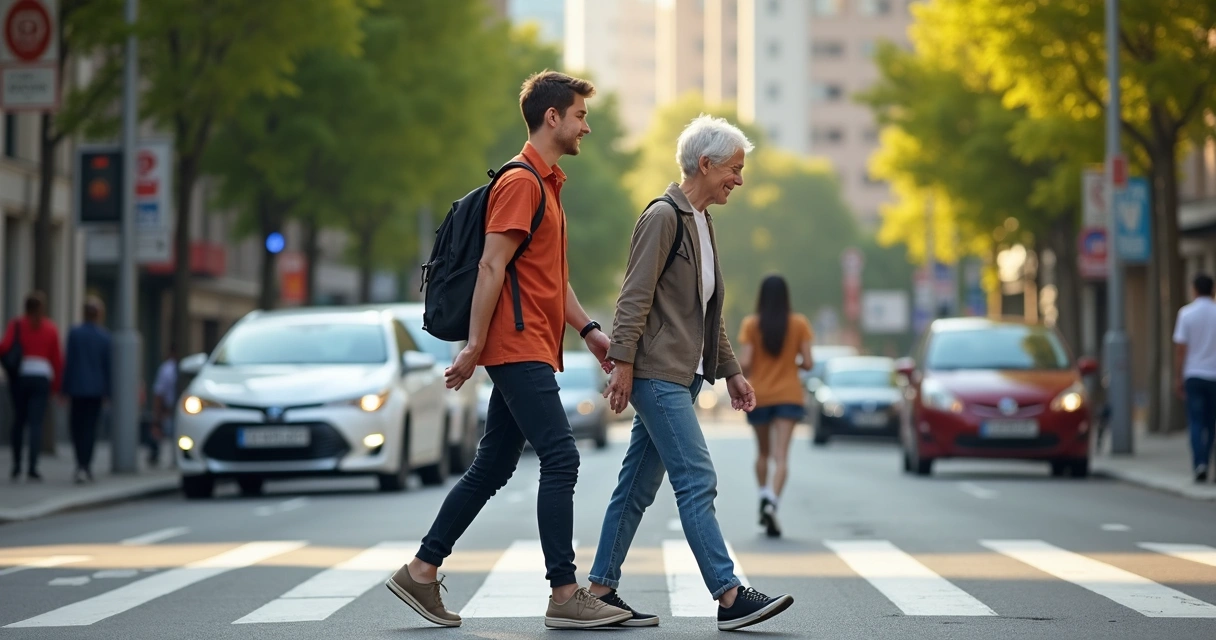 Pessoa ajudando outra na rua movimentada