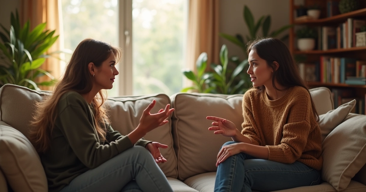 Pessoa explicando limites de forma gentil a um familiar, ambiente leve e acolhedor 