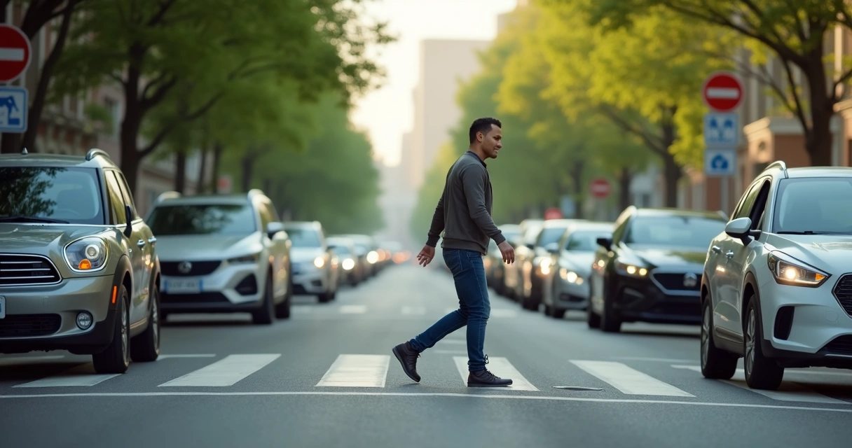 Motorista facilitando a passagem de um pedestre na faixa enquanto outros carros estão parados