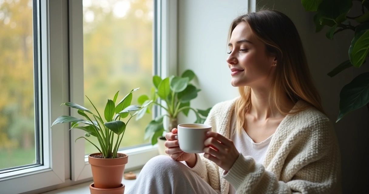 Person sitting calmly by a window with a cup of tea, reflecting quietly 