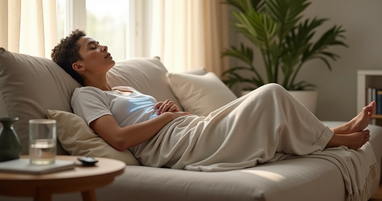 Person resting on sofa practicing gentle breathing in soft daylight 