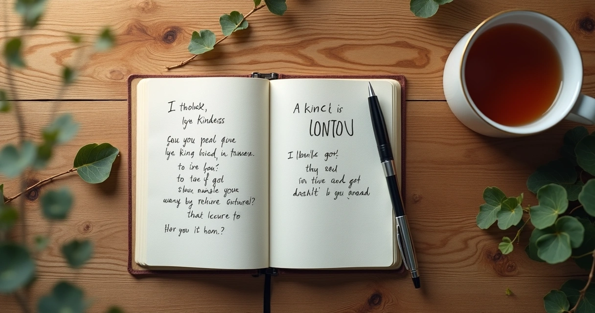 Notebook on wooden table with self-kindness reminders