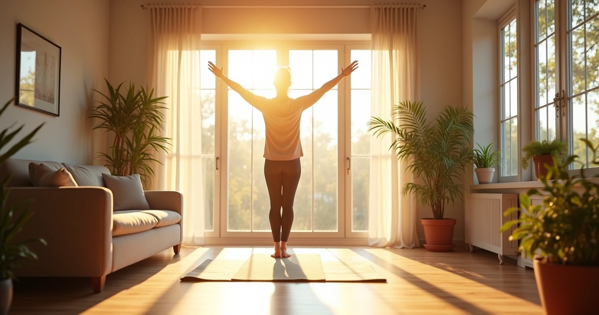 Person doing gentle morning yoga stretches in a sunlit living room 