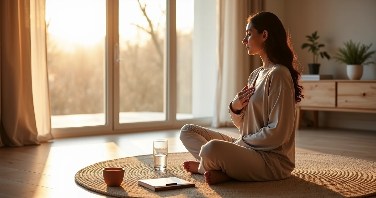 Person on rug touching heart in quiet sunlit living room 