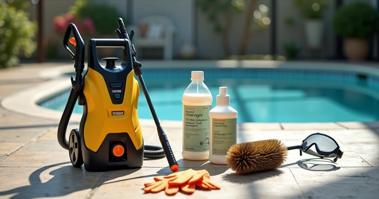 Pressure washer with wide-angle nozzle and cleaning products for enclosures 