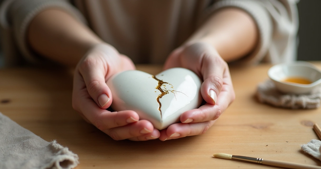 Hands carefully repairing a broken ceramic heart with gold lacquer on a wooden table 
