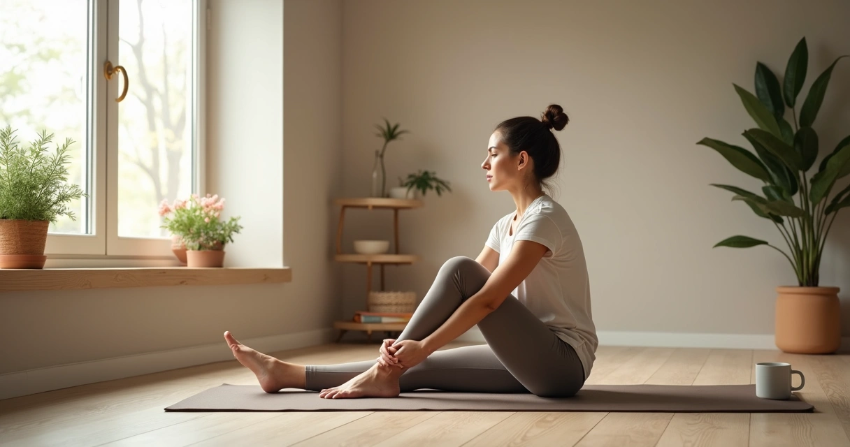 Person performing gentle yoga stretch on yoga mat by window