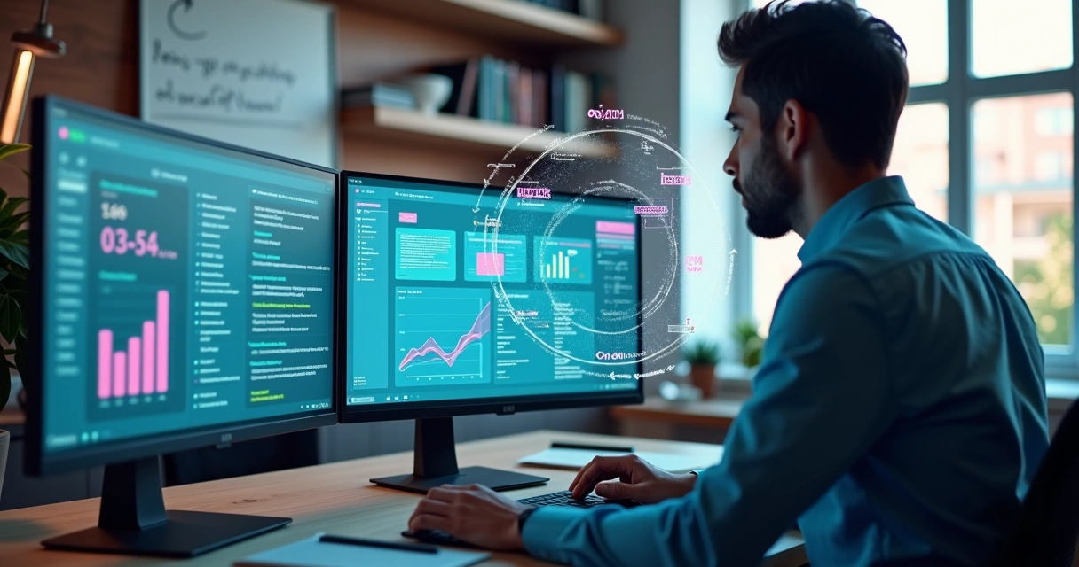 Profissional analisando conteúdo otimizado para motores de IA em múltiplas telas 