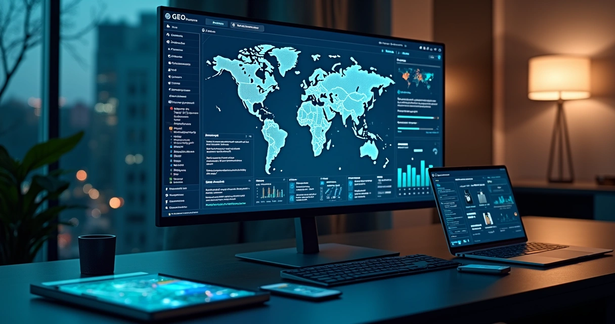 Dashboard de e-commerce com mapas, gráficos de SEO e ícones de IA na tela 