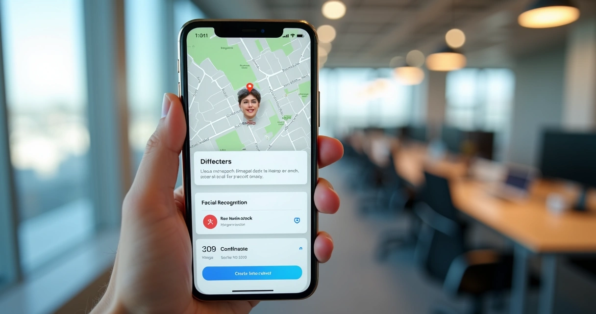 Tela de aplicativo de ponto mostra validação facial e mapa de localização 