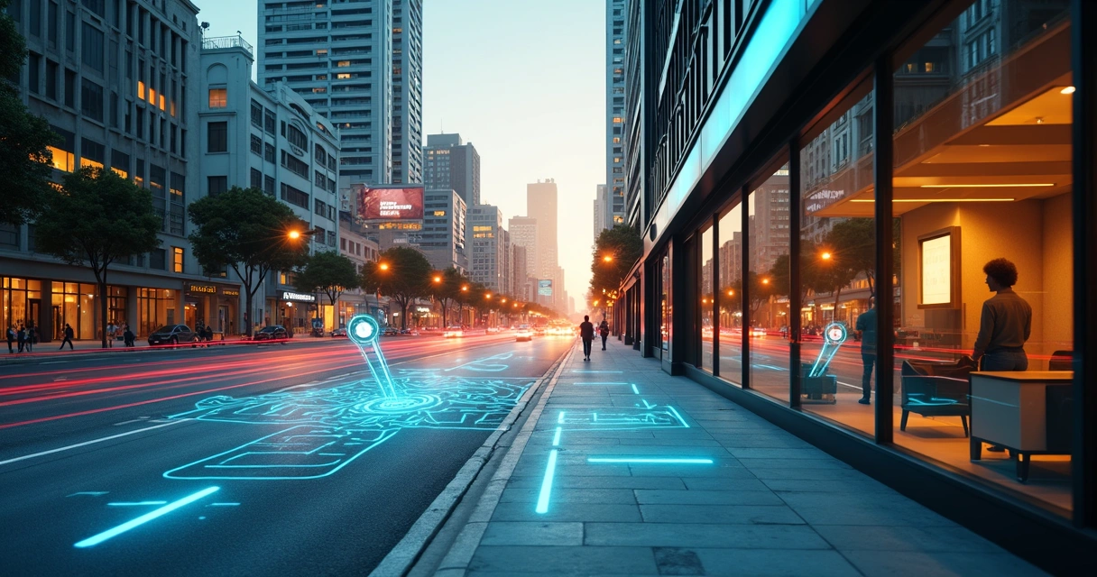 Cidade ao entardecer com mapa transparente e pins coloridos de geolocalização 