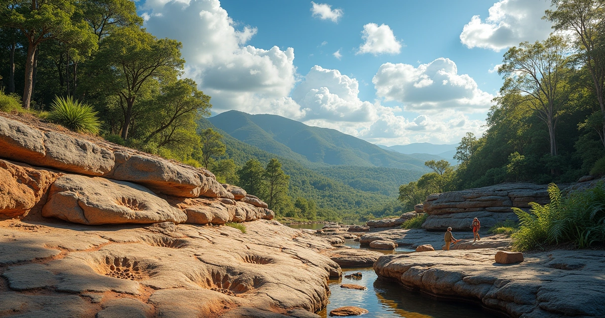 Vista da geologia do Rio Grande do Sul com pegadas de dinossauros e vegetação pré-histórica.