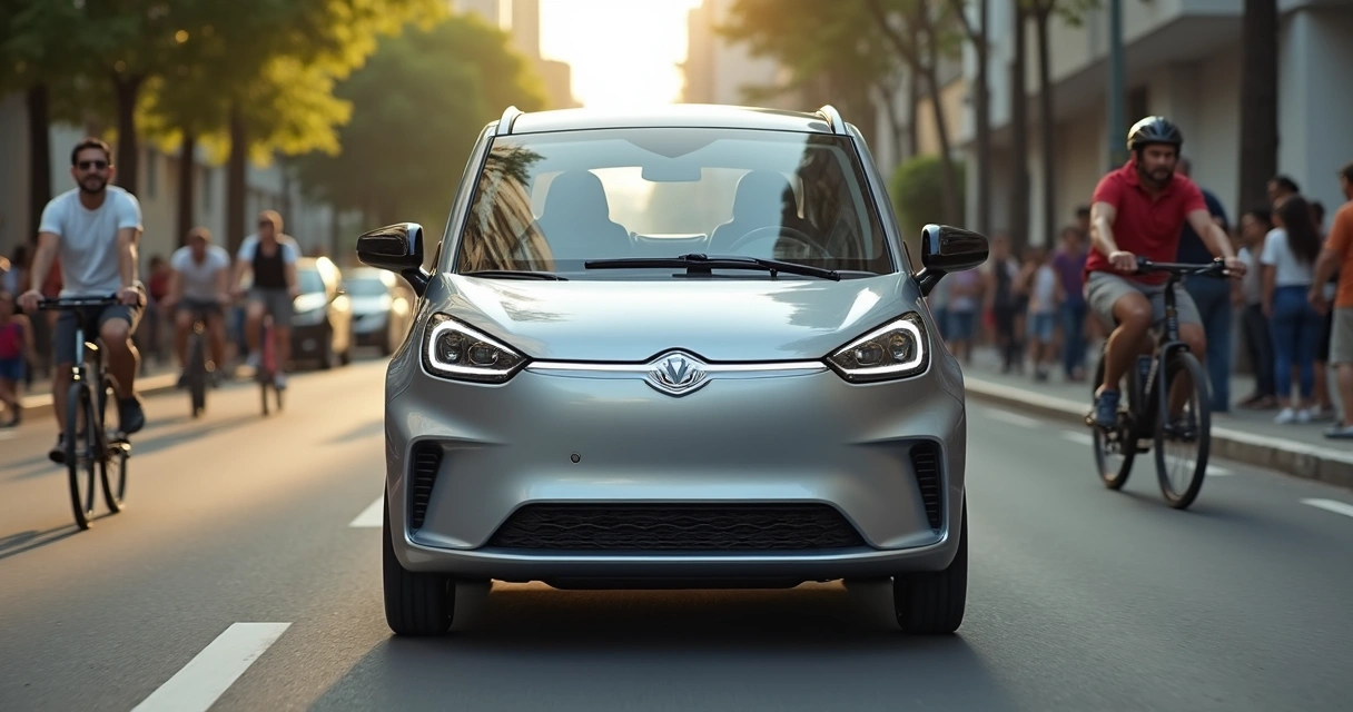 Carro Geome compacto elétrico cinza-prata andando em rua urbana com ciclistas e pedestres ao fundo 