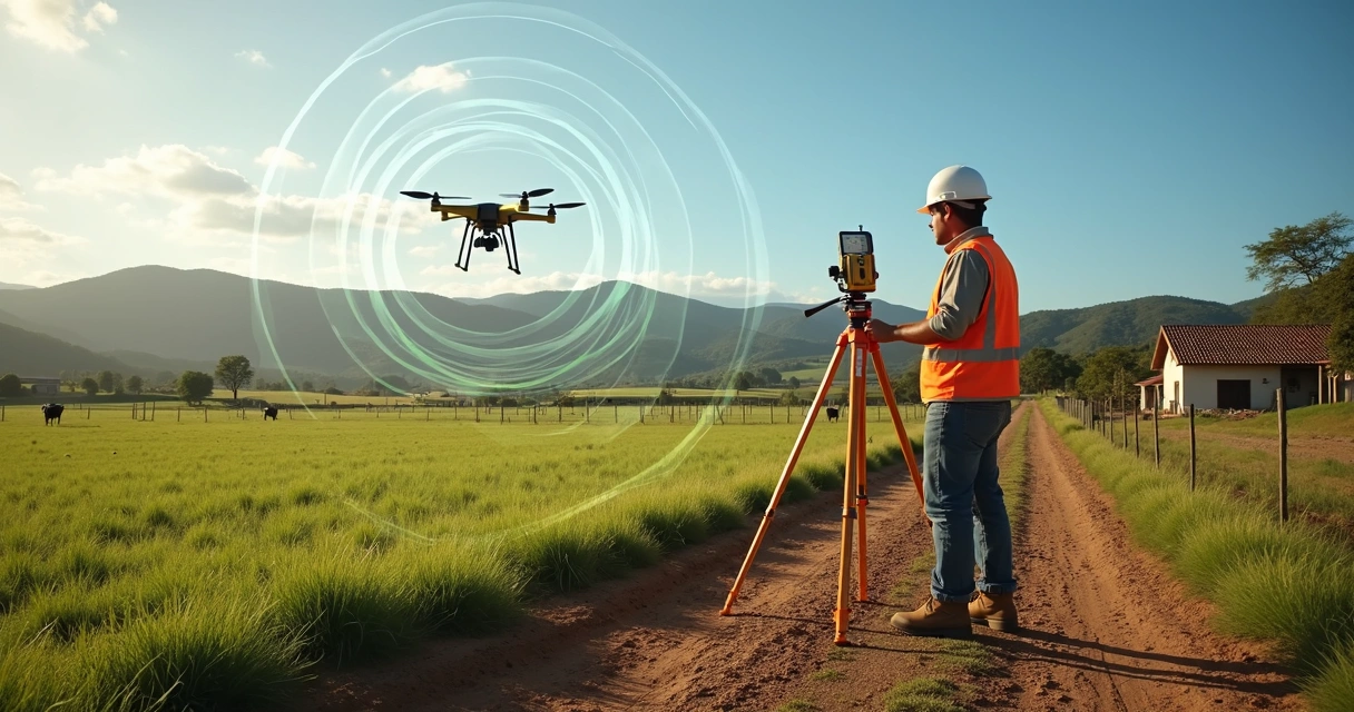 Engenheiro usando drone e GPS para georreferenciamento em área rural 